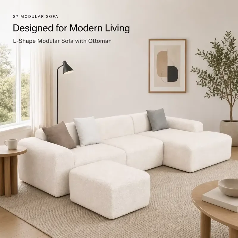 Modular Sectional Sofa L-Shape Cloud Couch with Ottoman Boucle Fabric High Density Foam Compressed Packing for Living Room