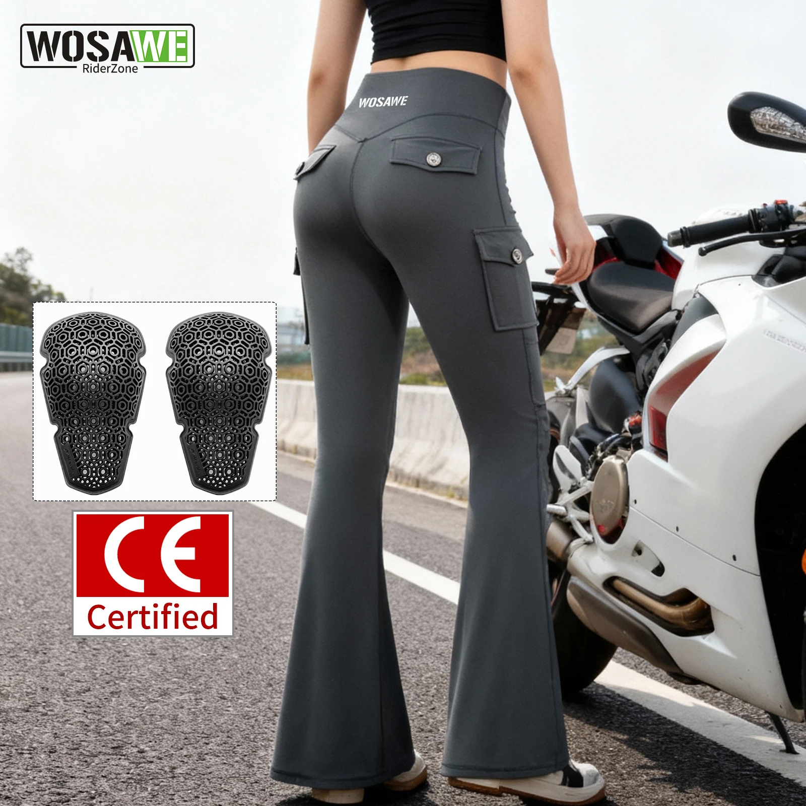 

WOSAWE Women Motorcycle Pants High Waist Stretch Protective Riding Tights with Removable CE Knee Armor Reflective Flared Leg