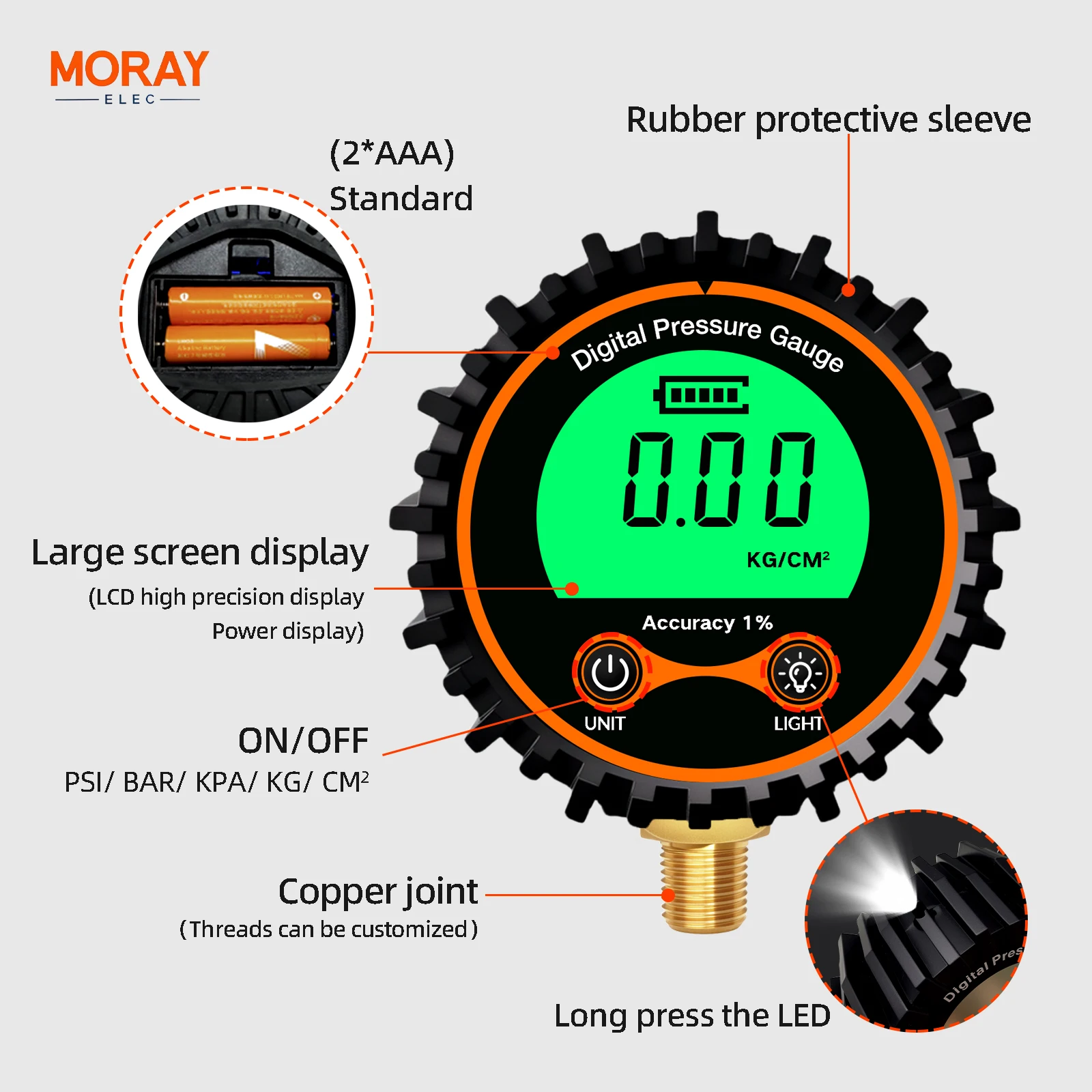 Moray ME267P 200psi مع علبة مطاطية LCD أجهزة إرسال الضغط الرقمية قياس ضغط الإطارات مقياس الضغط الرقمي #4