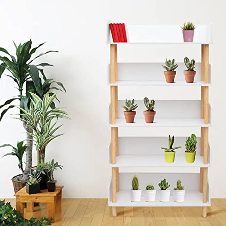 Gdrasuya10 Modern Geometric Bookcase 5-Shelves Tall White Book Display Shelf, Corner Freestanding Book Storage Rack