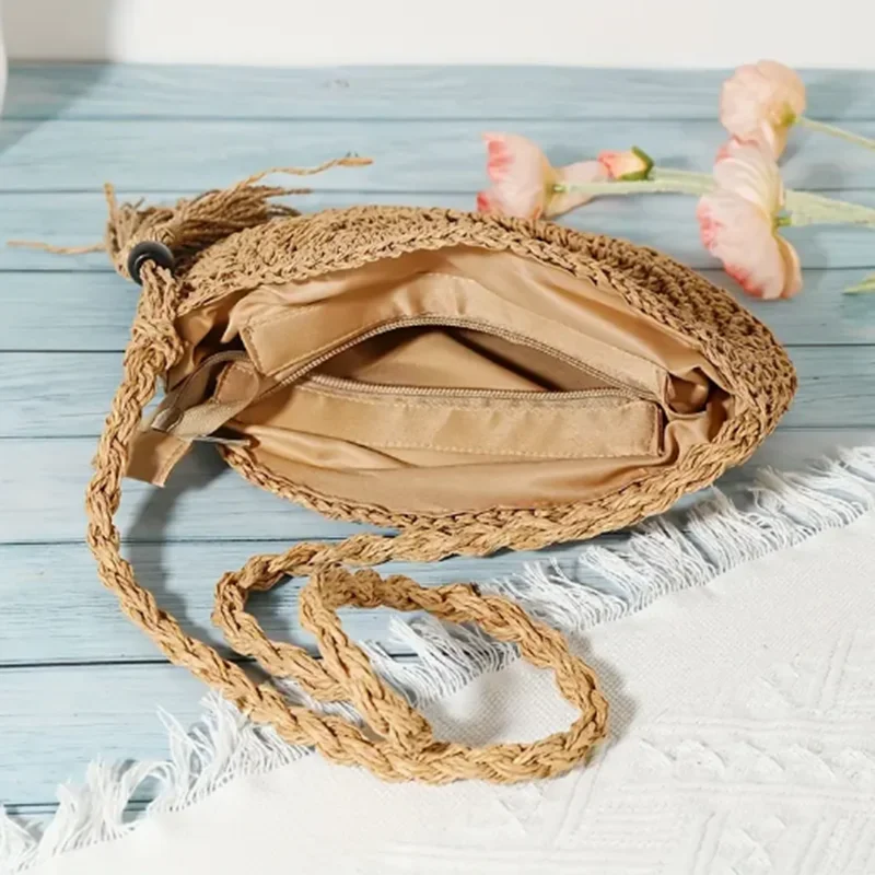 Fashion Hollow Out Shoulder Bags Casual Straw Crossbody Small Round Bag Purse Tassel Messenger Handbags bolsa feminina view 5
