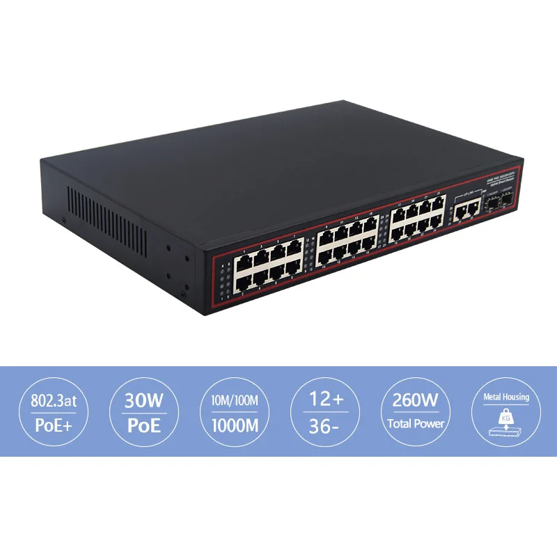 10/100/1000Mbps Gigabit 260W IEEE802.3AT 24 Port POE Fiber Switch with 2 RJ45 Uplink 2 SFP