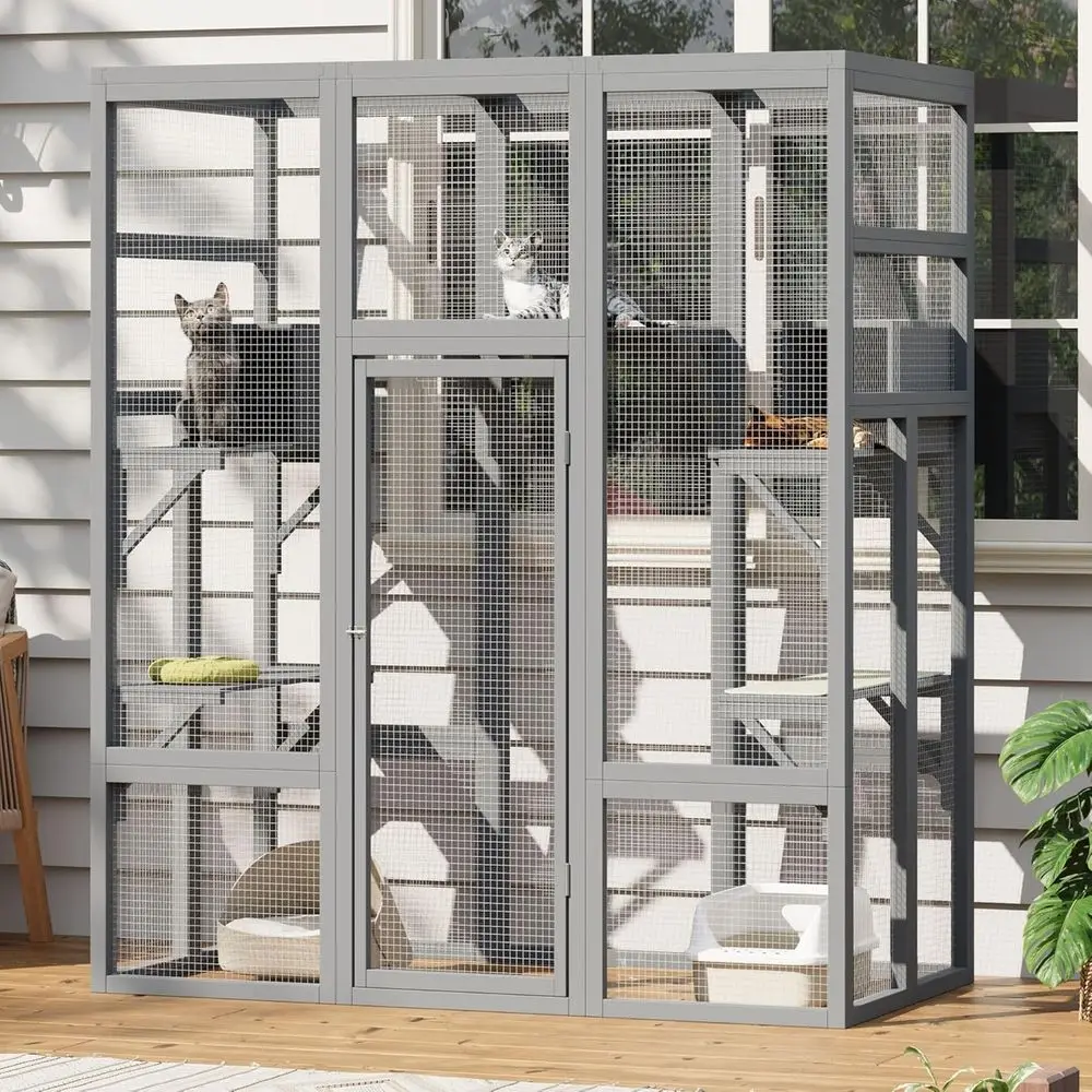 

Large Outdoor Cat Enclosure, Updated Framework, Weatherproof Patio Cattery for Multiple Cats, Grey