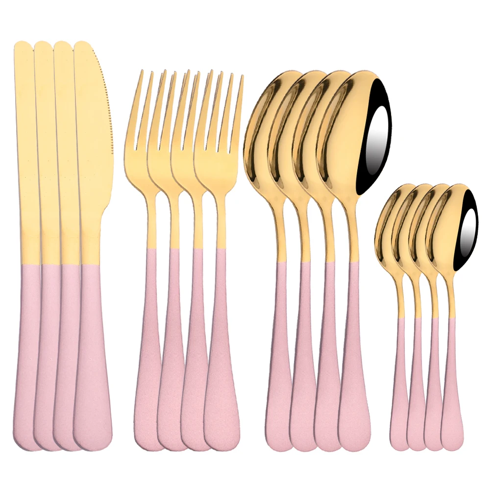 Pink Gold Cutlery Set Stainless Steel Dinnerware Set 16Pcs Knives Forks Coffee Spoons Flatware Set Kitchen Dinner Tableware Set