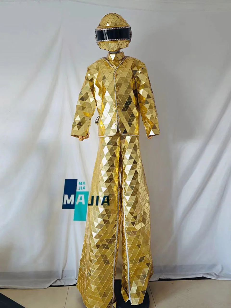 Gold Mirror Show Suit Hand Sewn LED Stilts Walker Gold Normal Model Stage Performance Suit Dance Clothing for Party Nightclub