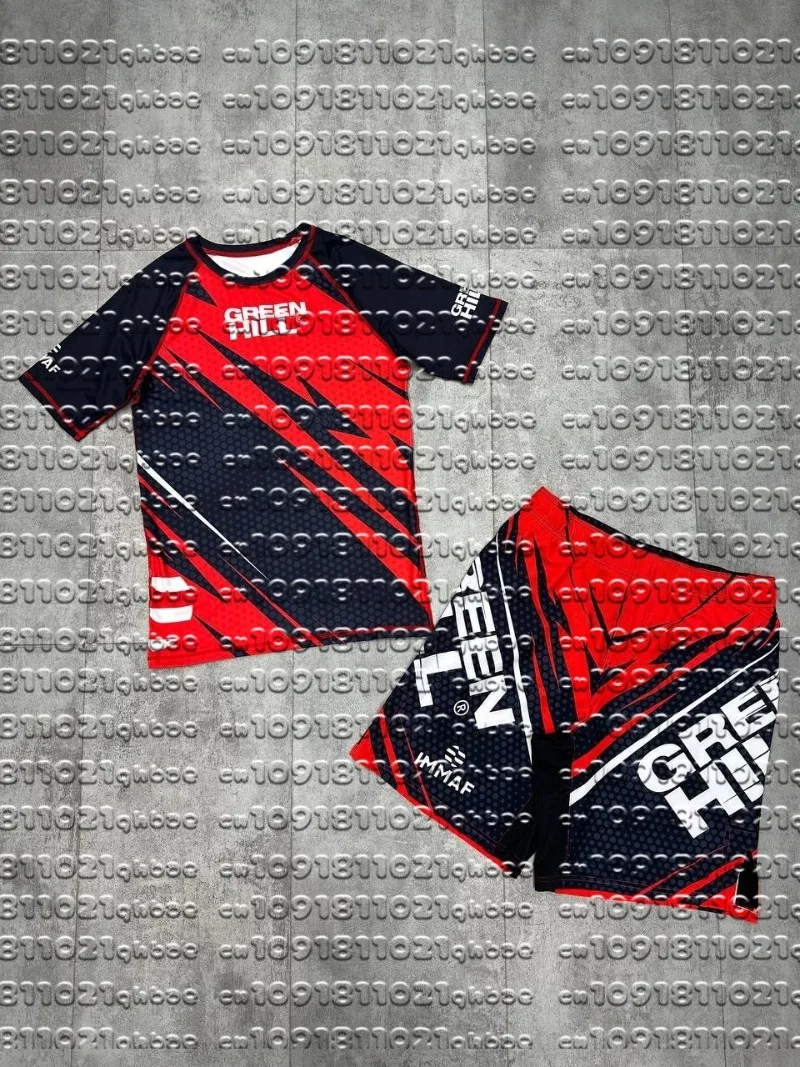 

2026 Green Hill Summer Training Sports Personalized Short Sleeved Red and Black Boxing Set Adult and Children Fashion Jersey Set