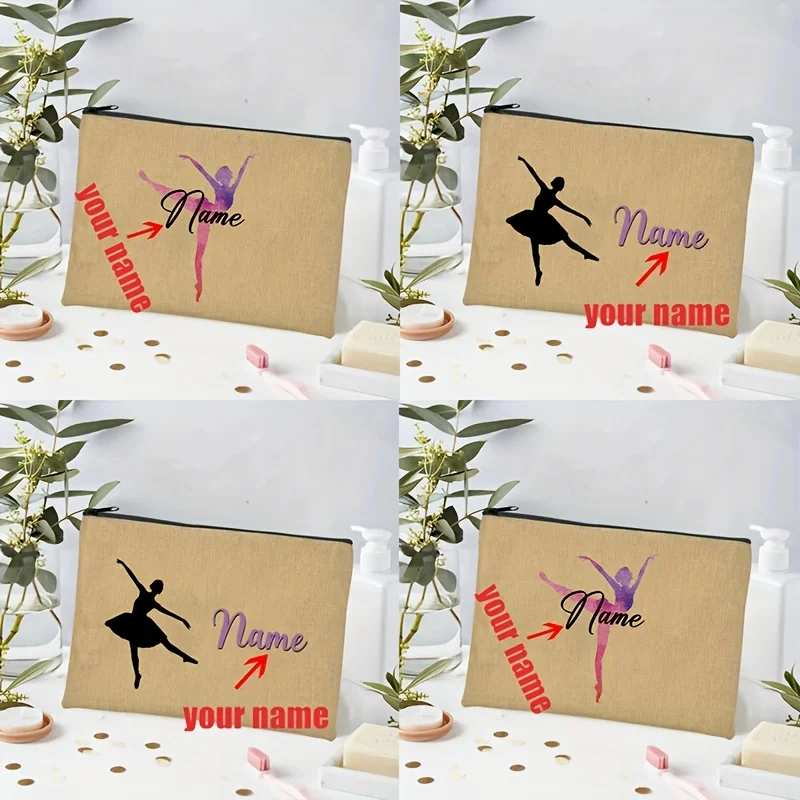 Personalized Ballet Pattern Linen Makeup Bag Custom Name Cosmetic Pouch Zipper Organizer Makeup Perfect Gift for Ballet Lover