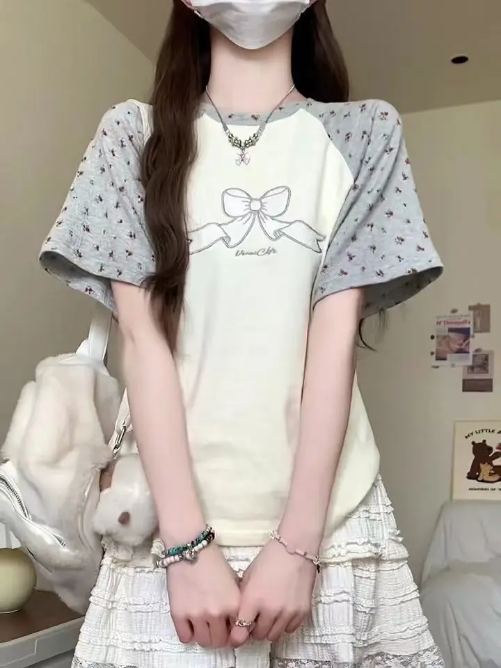 

Японская ретро футболка с короткими рукавами, женская новая тонкая и универсальная вышитая милая и шикарная короткая футболка