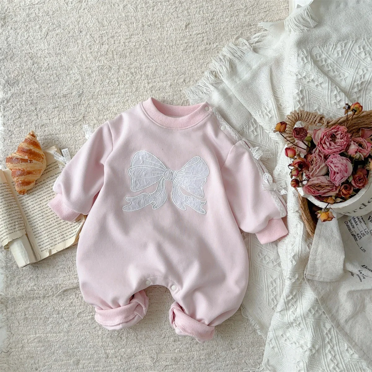 2025 Autumn New Baby Long Sleeve Romper Boy Girl Newborn Bow Embroidery Jumpsuit Infant Toddler Cotton Casual Clothes 0-24M