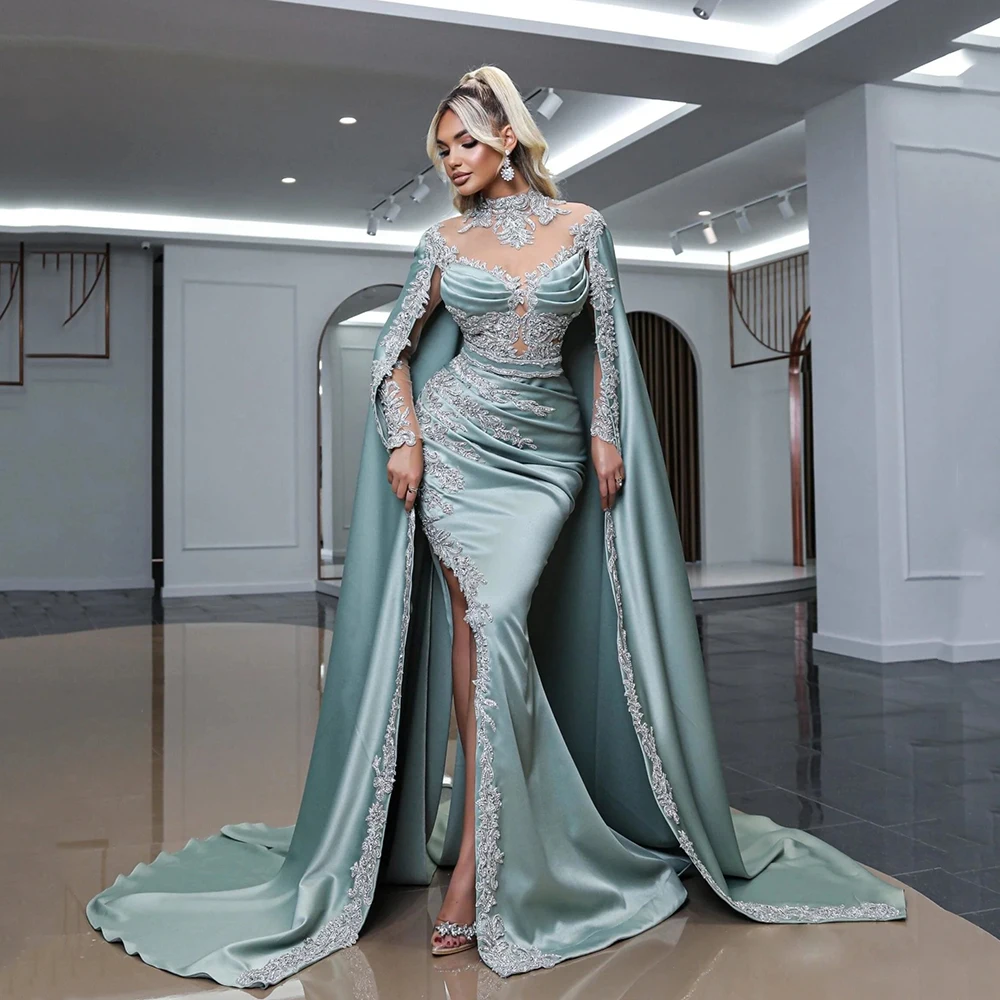 Exquisite Light Blue Evening Dresses 2024 with Cape Prom Gowns Mermaid High Neck Side Split Wedding Party Dresses Long Sleeves