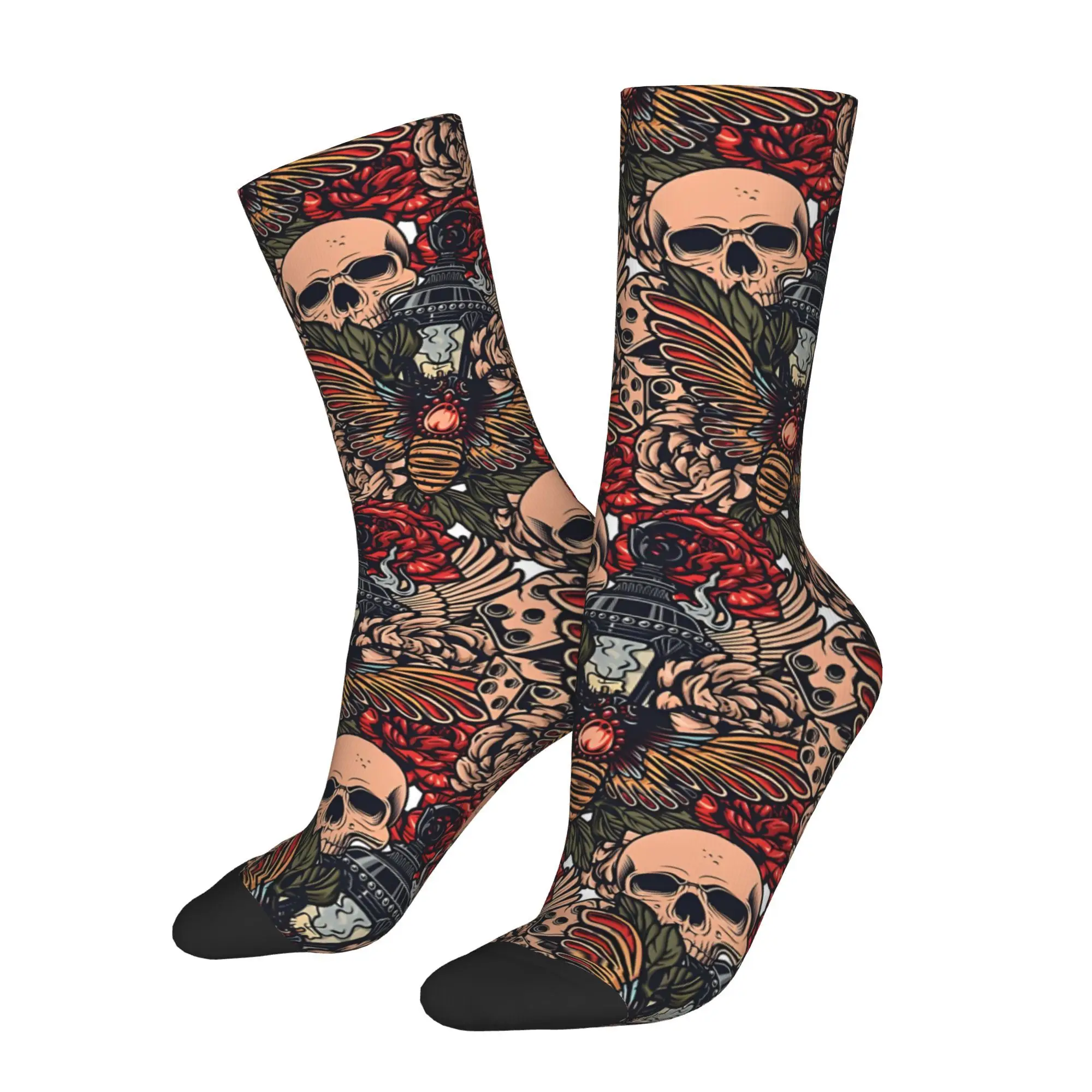 1pc Skull And Bee Tattoo Dice Lamp Pattern  Printed Men's Socks Novelty Hip Hop Harajuku Pattern Crew Sock Casual Gift