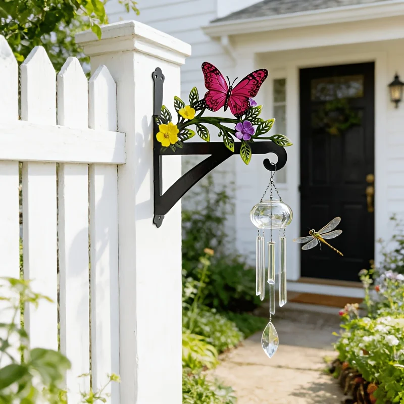 2D Butterfly Loves Flowers Metal Wrought Iron Outdoor Hanging Hook, Made of Thickened Wrought Iron Material, Sturdy and Durable