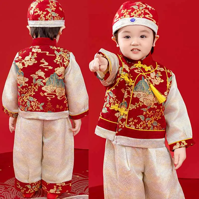 Baby Boy Red Jacquard Tang Suit Set Mandarin Collar Vest Long Sleeve Shirt Trousers And Hat Infant 1 Year Old  Photo Outfit