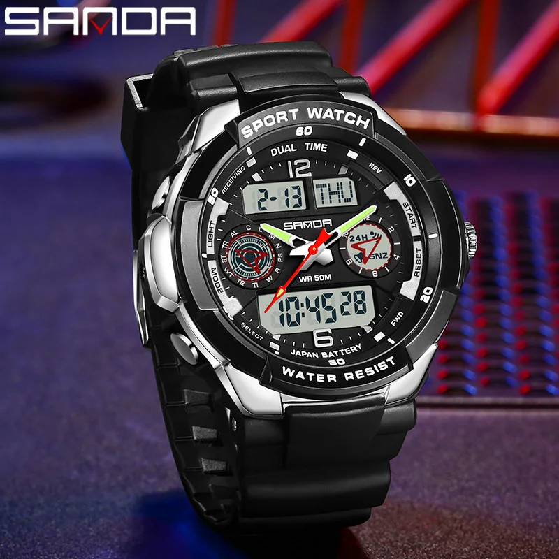 SANDA G Style Dual Display Men Electronic Watch Chronograph Alarm Digital Clocks Countdown Multifunctional Man Quartz Wristwatch