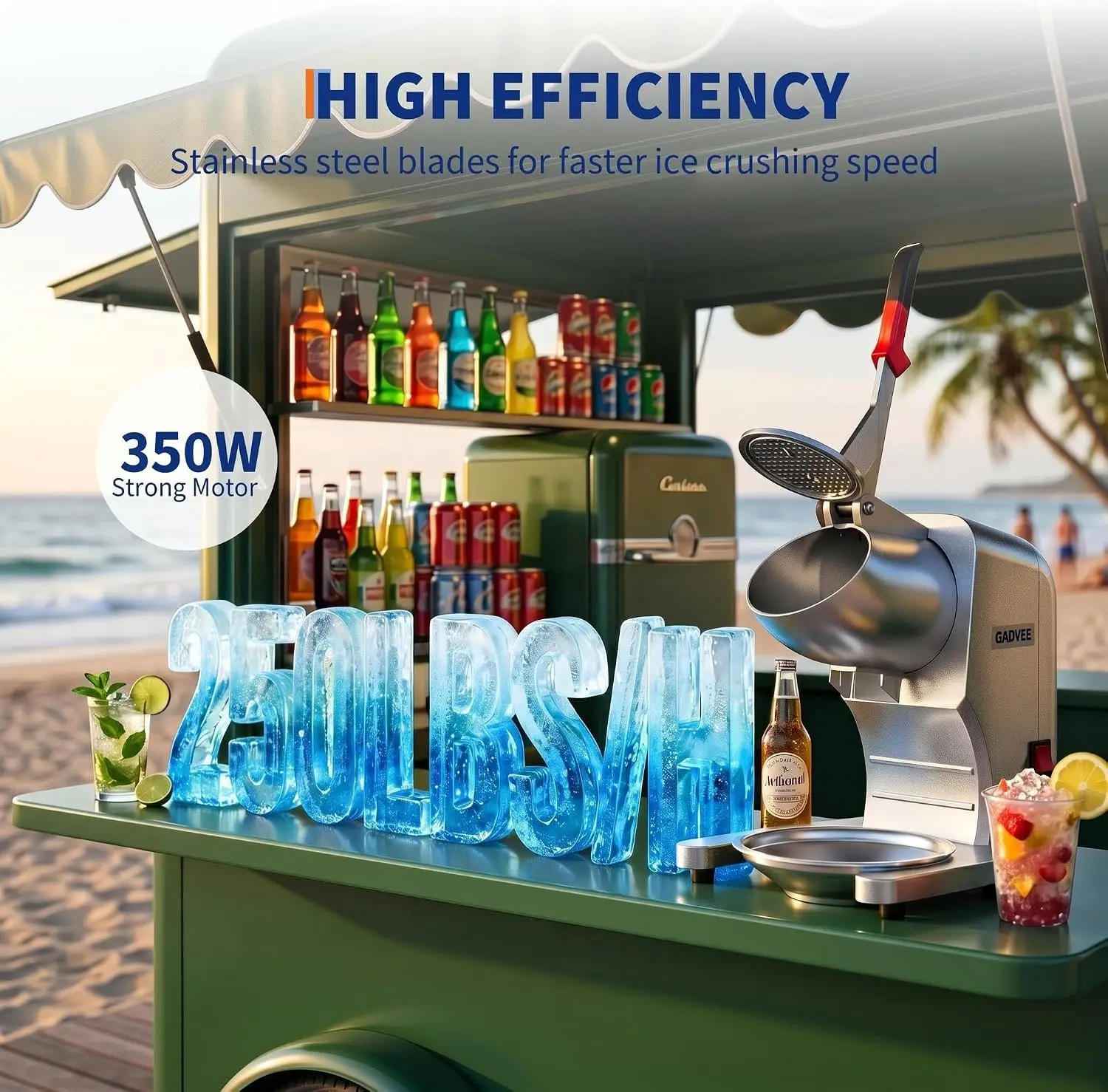Commercial Electric Ice Crusher 250LBS/H, 350W Snow Cone Machine & Shaved Ice Maker with 4 Stainless Steel Blades, 2000RPM, 1.98LBS Hopper, Bowl & Cover, Home & Commercial Use, Silver