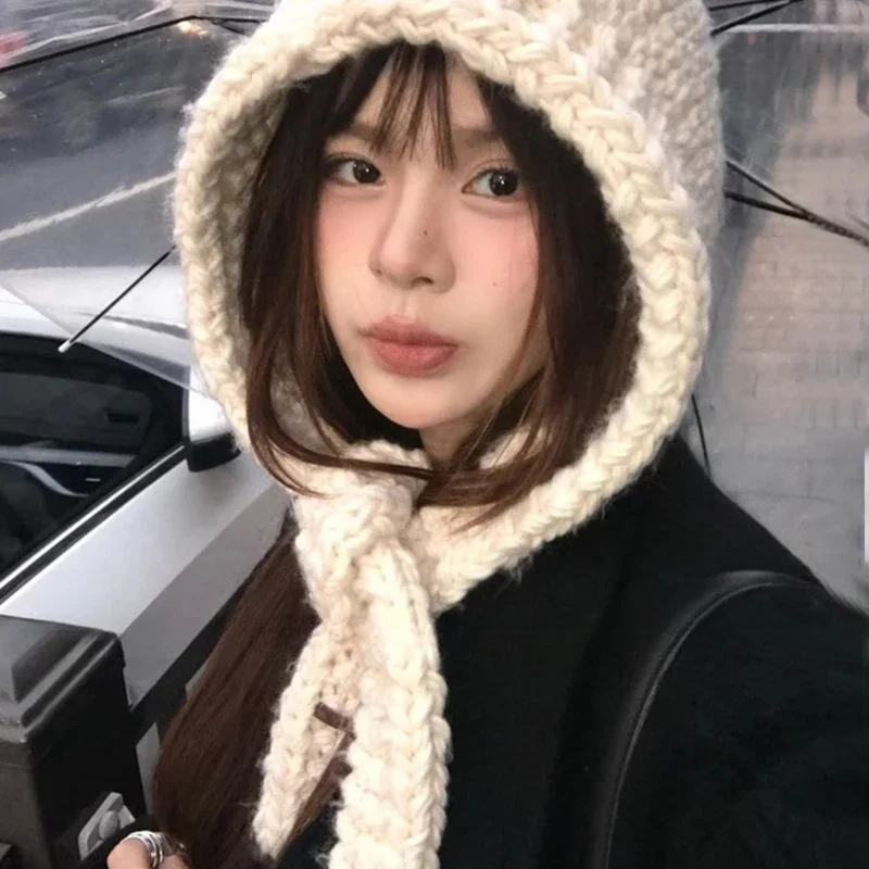Winter hat Cute beanie Women\'s Knitted Hood Scarf Warm Ear Protection Cold Windproof Cap Winter Fashion Woolen Pullover Hat