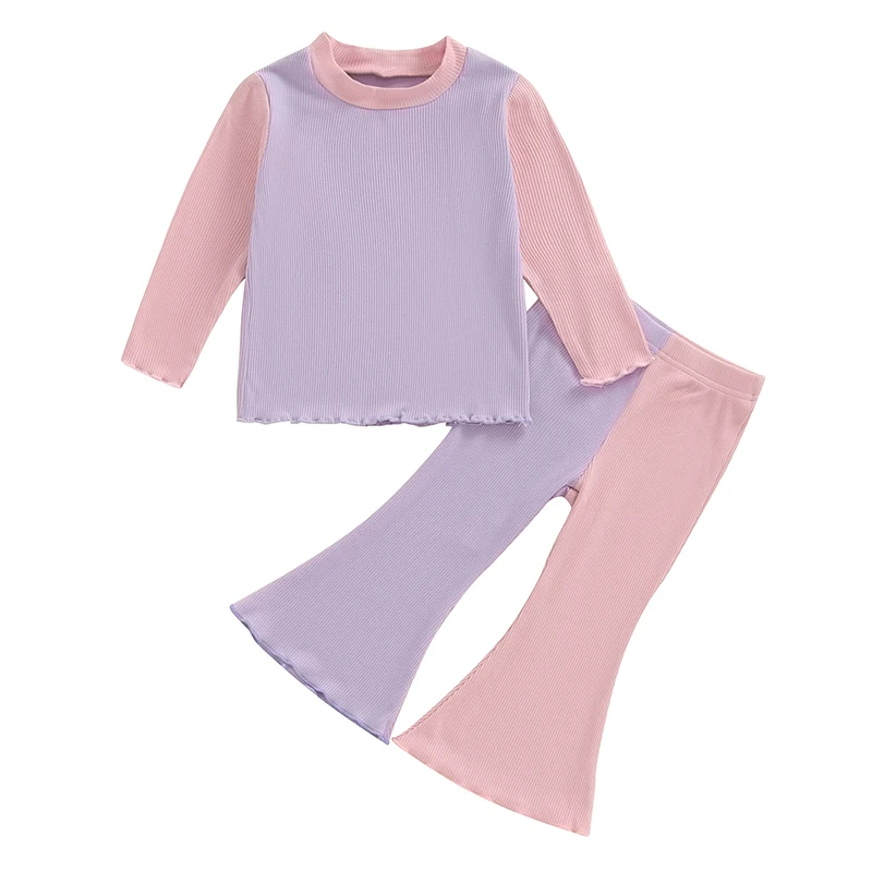 

Little Girl Contrast Color Outfit Lettuce Trim Long Sleeve Ribbed Tops Flare Pants 2 Piece Set for Fall