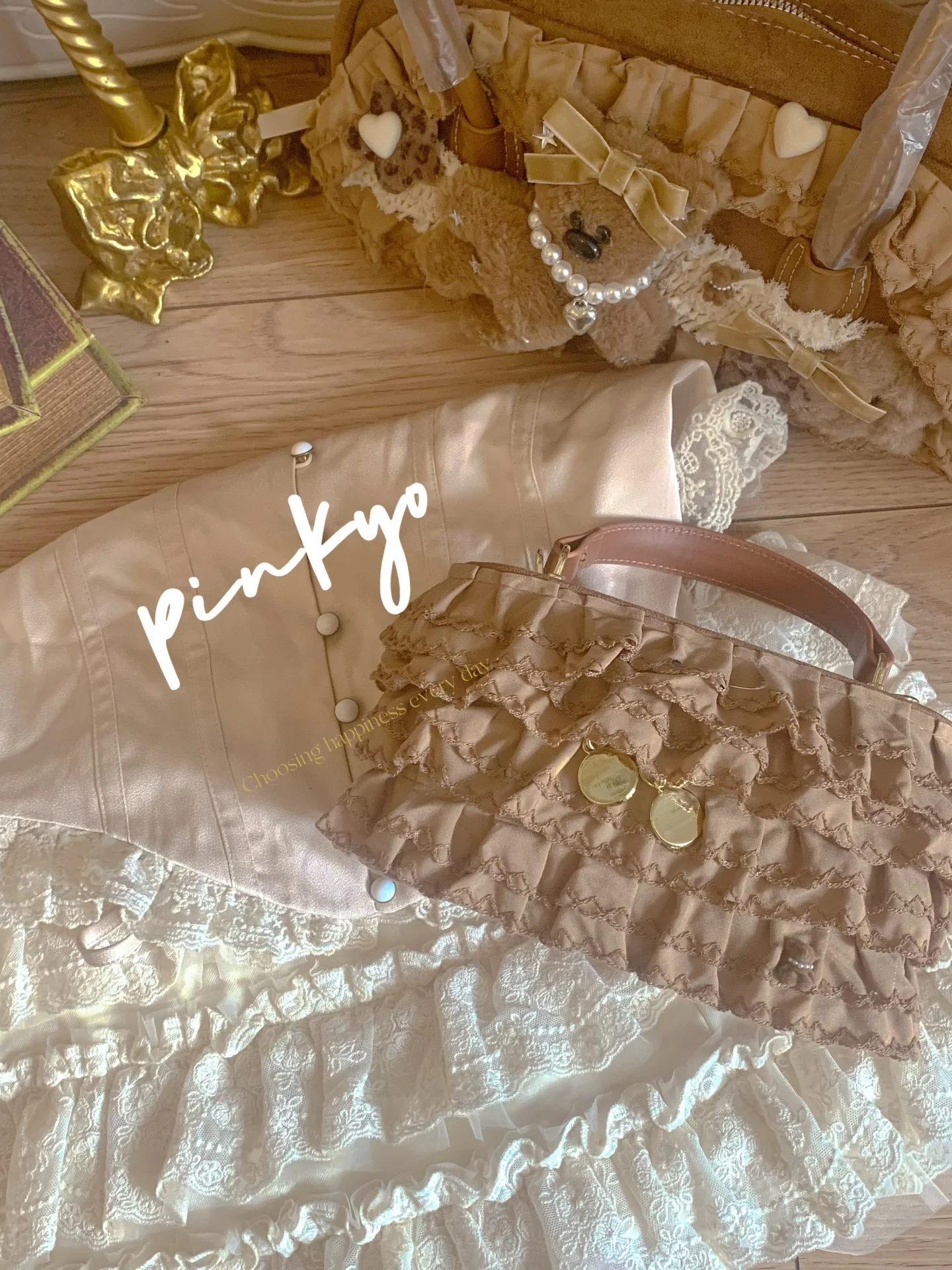 

Ele Pearl Bear Handbag SwtCor Original Pleated Lace Small Square Bag Fairy Sle Single oulder Bag for Young Women