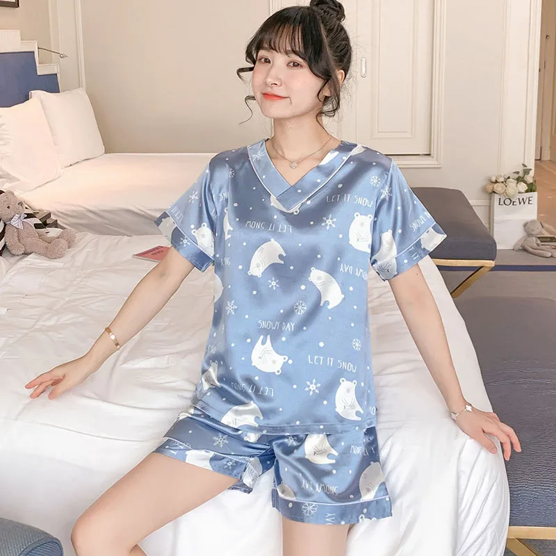 Two Sets Of Ladies Pajamas Suit Summer Ice Silk Short-Sleeved Korean Version Of The Sexy Thin Section  Large Size Homewear Girls