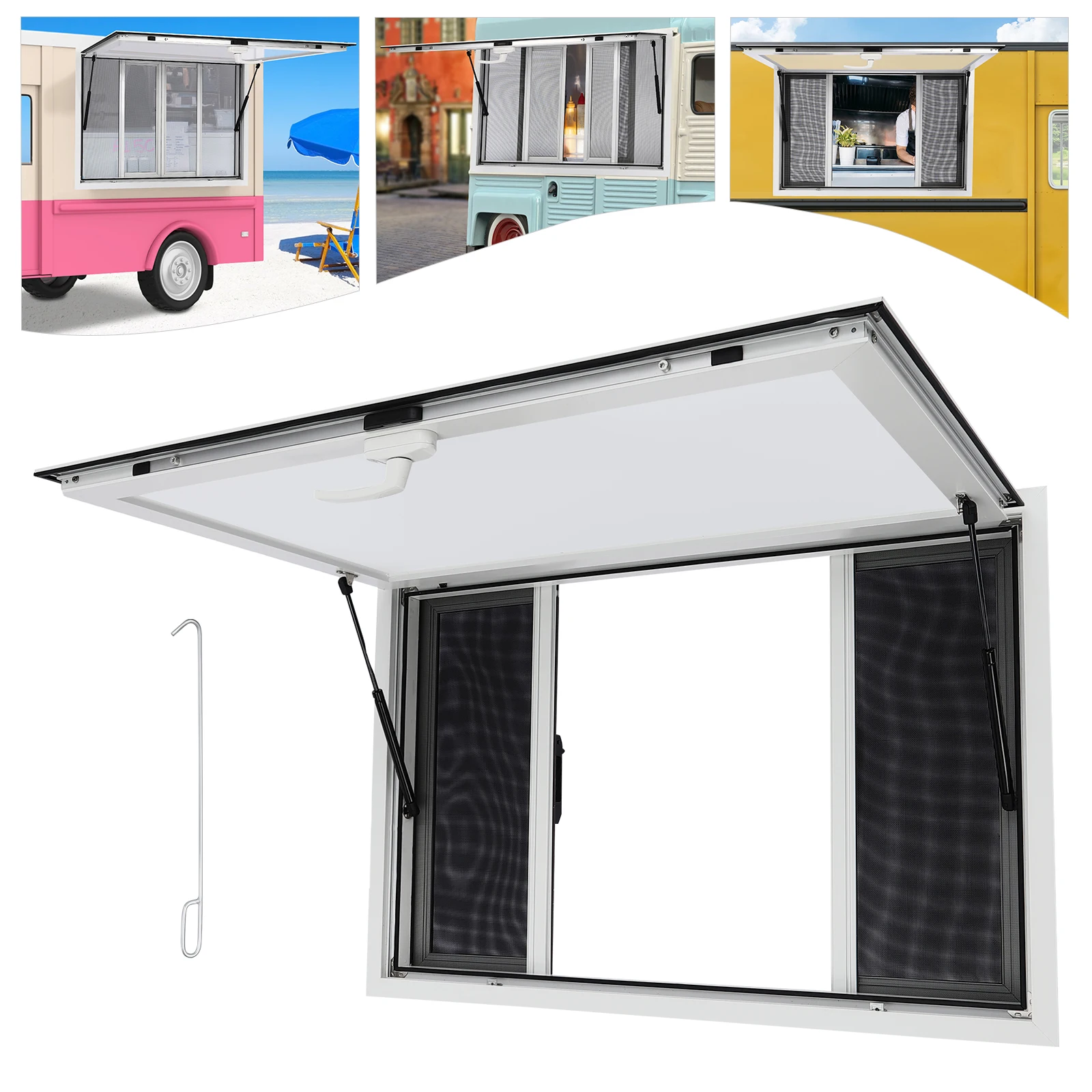 Upgrade Your Food Business!4-Screen Wall Mount Concession Window with Smooth Pneumatic Lift, Ideal for Ice Cream&Hot Dog Stands