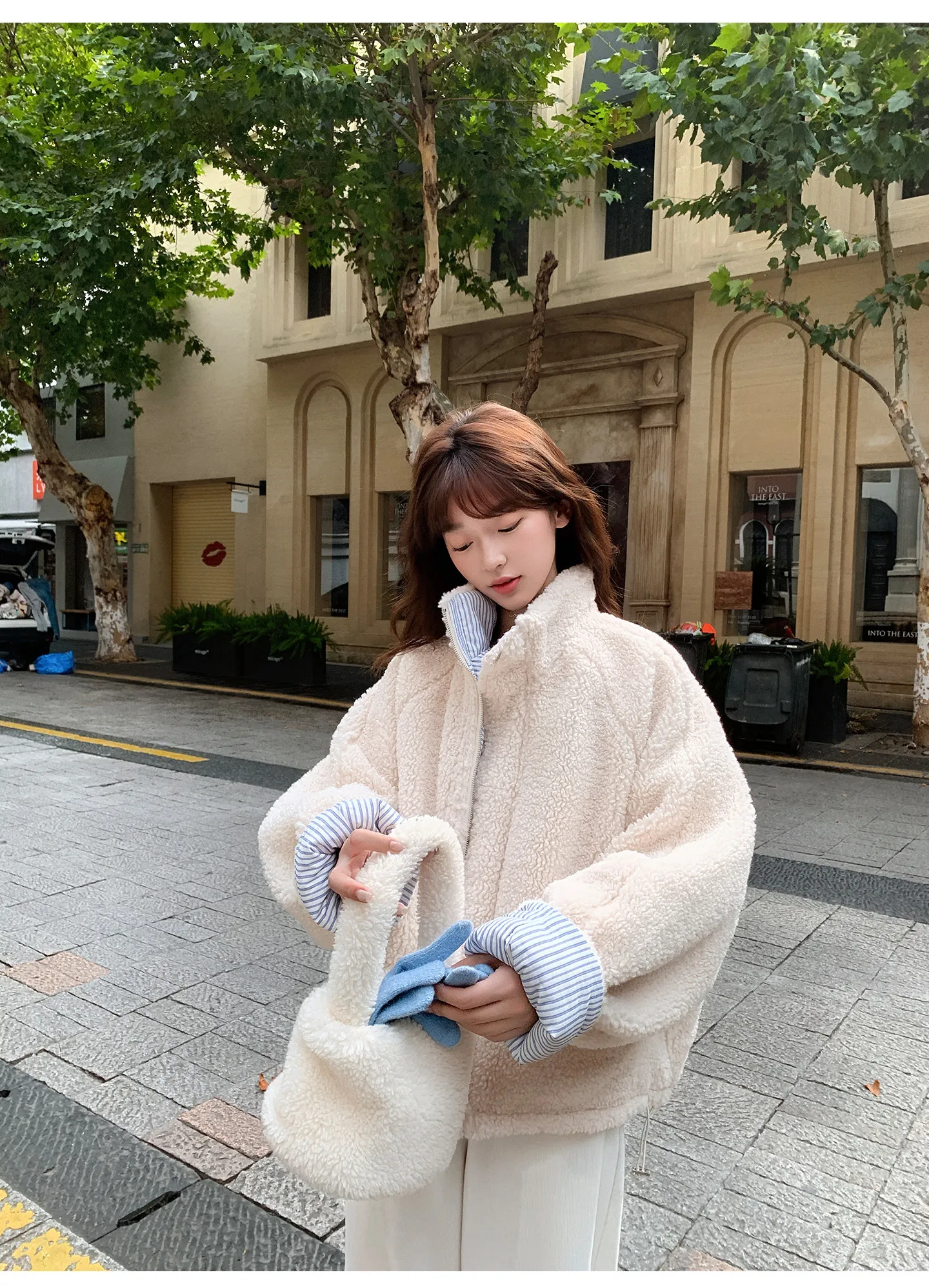 Korean Women's Reversible Striped Jacket Autumn Winter Stand Collar Fleece Lined Padded Coats Woman Loose Casual Plush Jackets