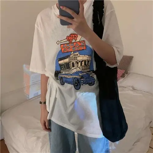 Sommer Cartoon Print Midlength ort Sve T-shirt frauen Casual runde Ne Top Polyester Faser Frühling Kollektion