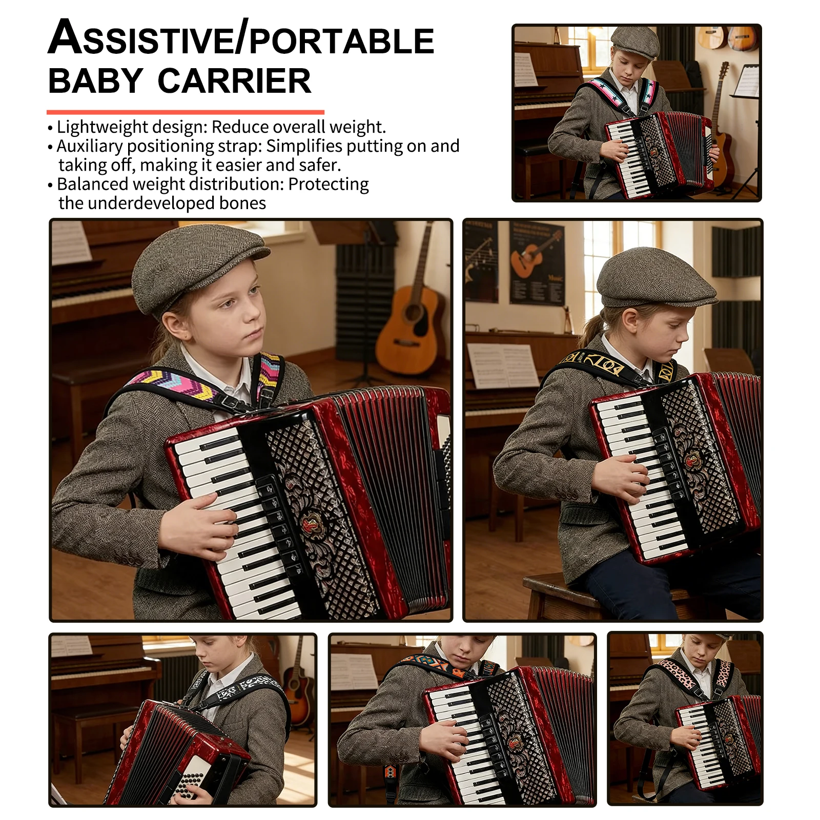 Accordion Strap Velvet&Synthetic Leather Adjustable Universal Strap Accordion Accessories Suitable for 16-120 Bass