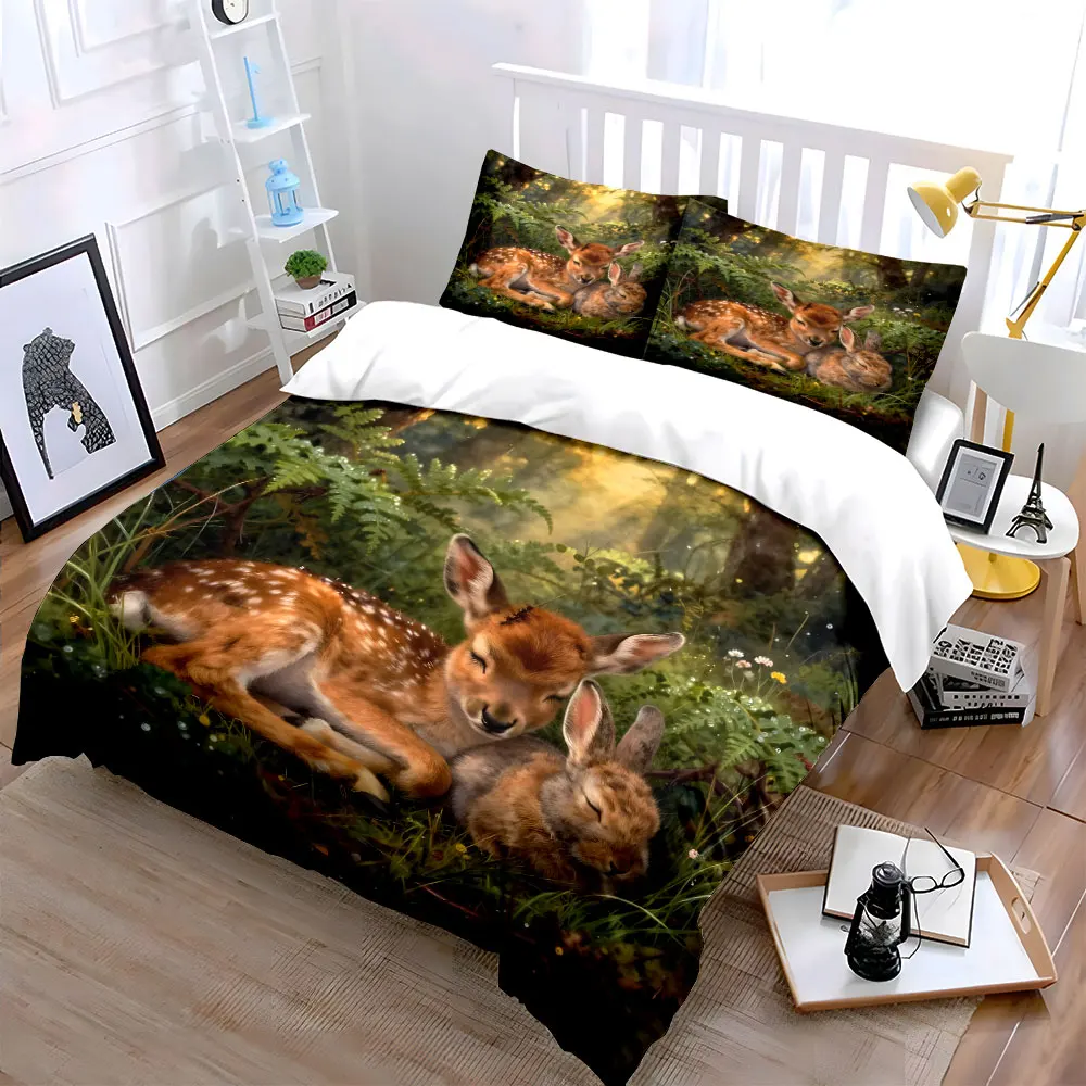 Deer and rabbit cuddling in forest Print Bedding Set 1 Duvet Cover 2 Pillowcases for Adult and Children Luxury Gift Full Size