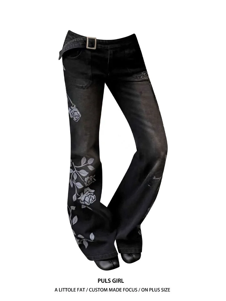 

Low Waist Bell Bottom Denim Jeans Women's plus Size American Retro Washed Rose Print Casual Slim Fit Long Pants