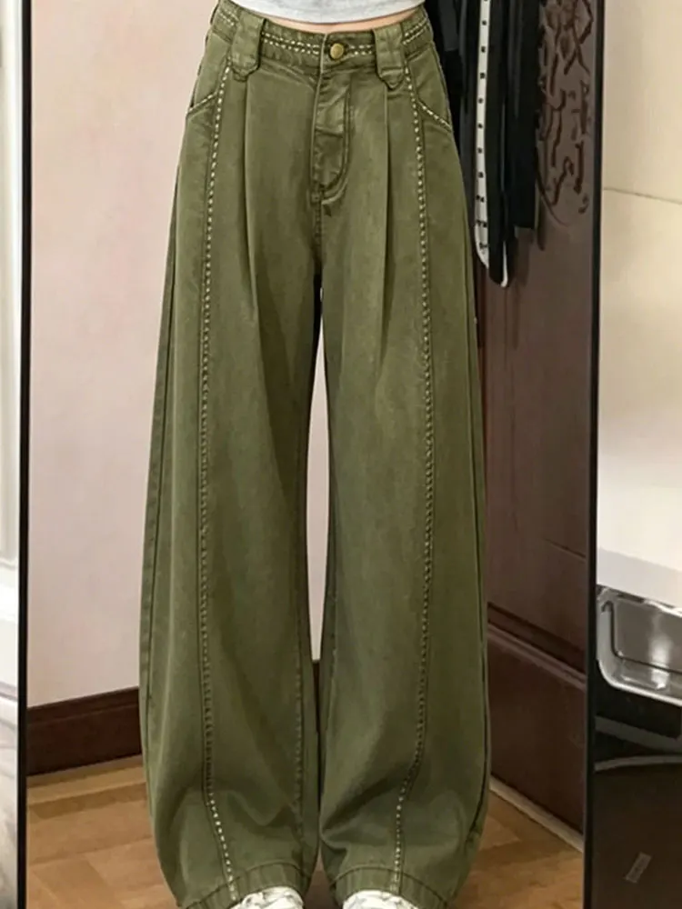 Summer 2026 American Retro Military Green Wide Leg Jeans Women's High Waist Loose Slimming Casual Knife  Denim Pants