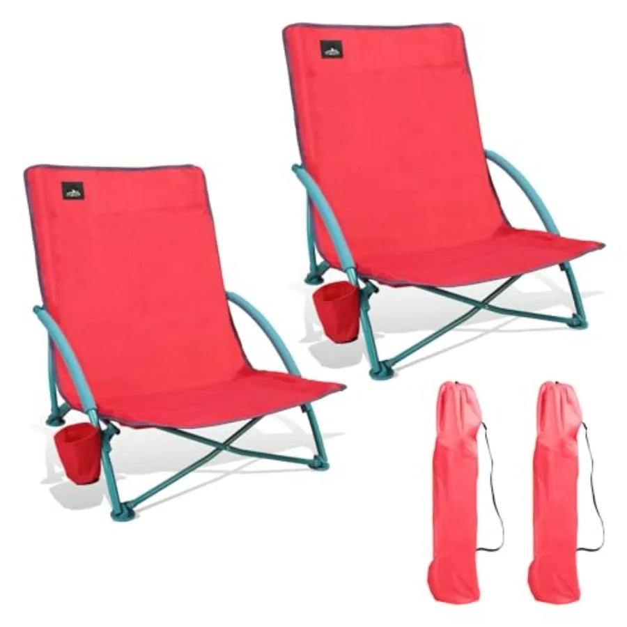 

2 Pack Low Folding Beach Chair for Outdoor Camping Picnic Festival, Pink Polyester Sling Fabric, Lightweight Portable Design wi
