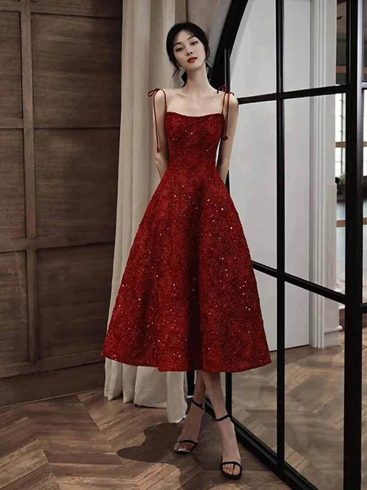 

Red Wine Color Sequin Bridal Dr Sexy Strapl mid Waist A-Line Skirt Wedding Dr for Engagement Par Banquet