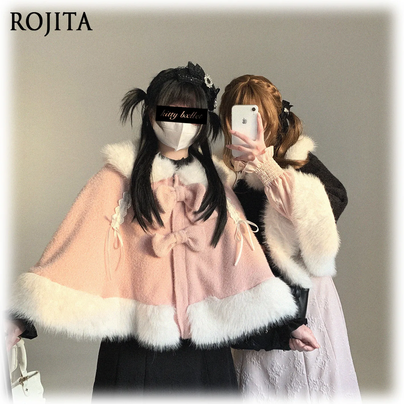 

Bowknot Drawstring Plush Shawl with Fleece Lining Small Cape faux fur Patchwork Sweet Bowknot Drawstring Cloak