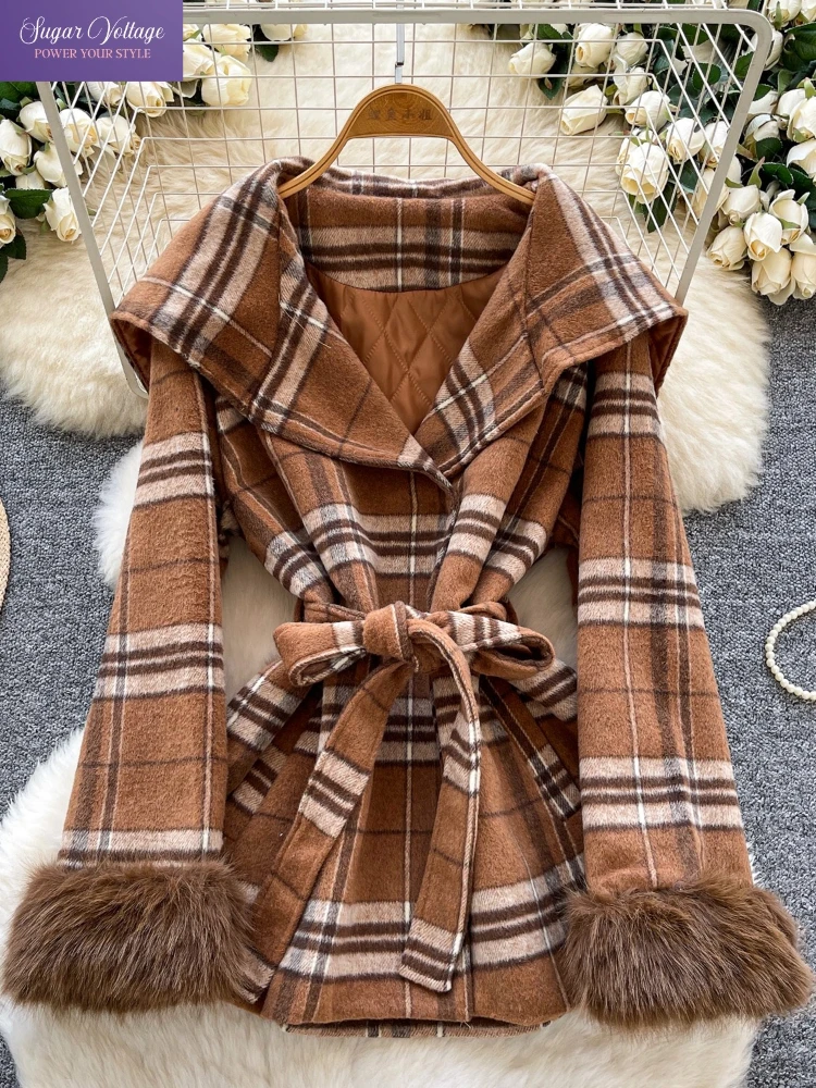 

French Vintage Chic Plaid Wool Coat Women Slim Belted Waist Lapel Long Sleeve Faux Fur Cuffs Warm Elegant Office Casual Tops