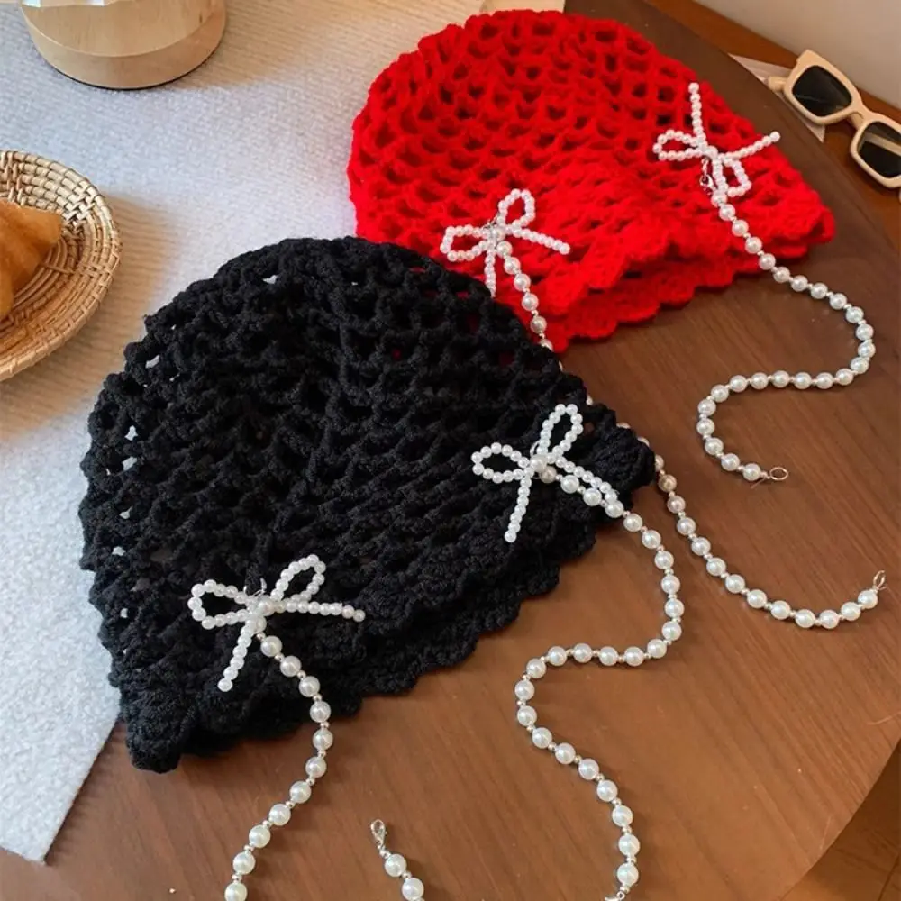 

Casual Pearl Tassels Crochet Knitted Hat Bohemian Style Hollow Out Knit Cap Thin Korean Ethnic Style Hat Apparel Accessories