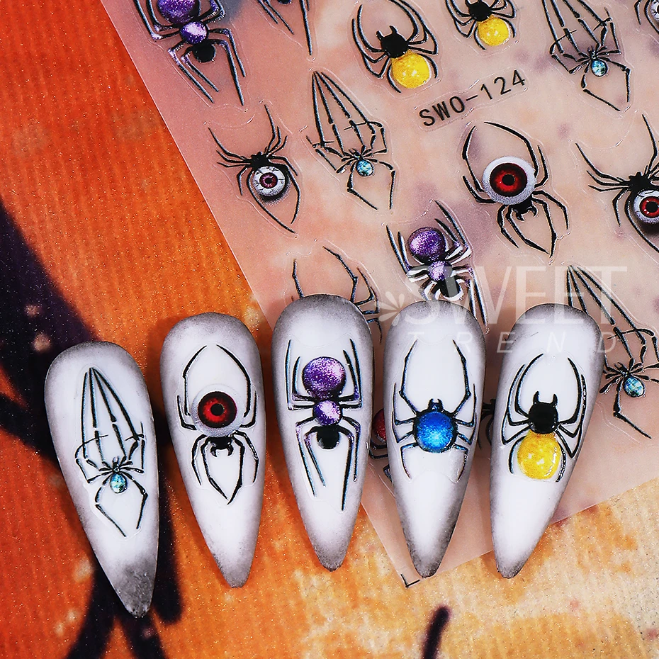 2/3pcs Halloween Nail Stickers Snowman Spider Devil's Eye Bow Self-Adhesive Design DIY Gel Polish Nail Decal Manicure Decoration