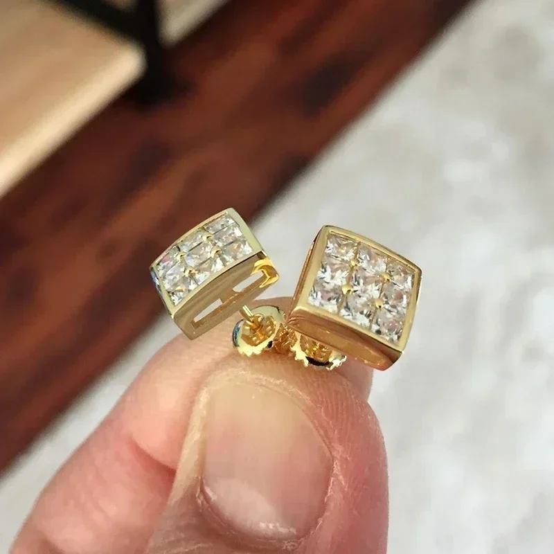 New Simple Gold Color Square Stud Earrings for Women Full Paved Princess Cut CZ Luxury Fashion  Jewelry Wholesale Lot