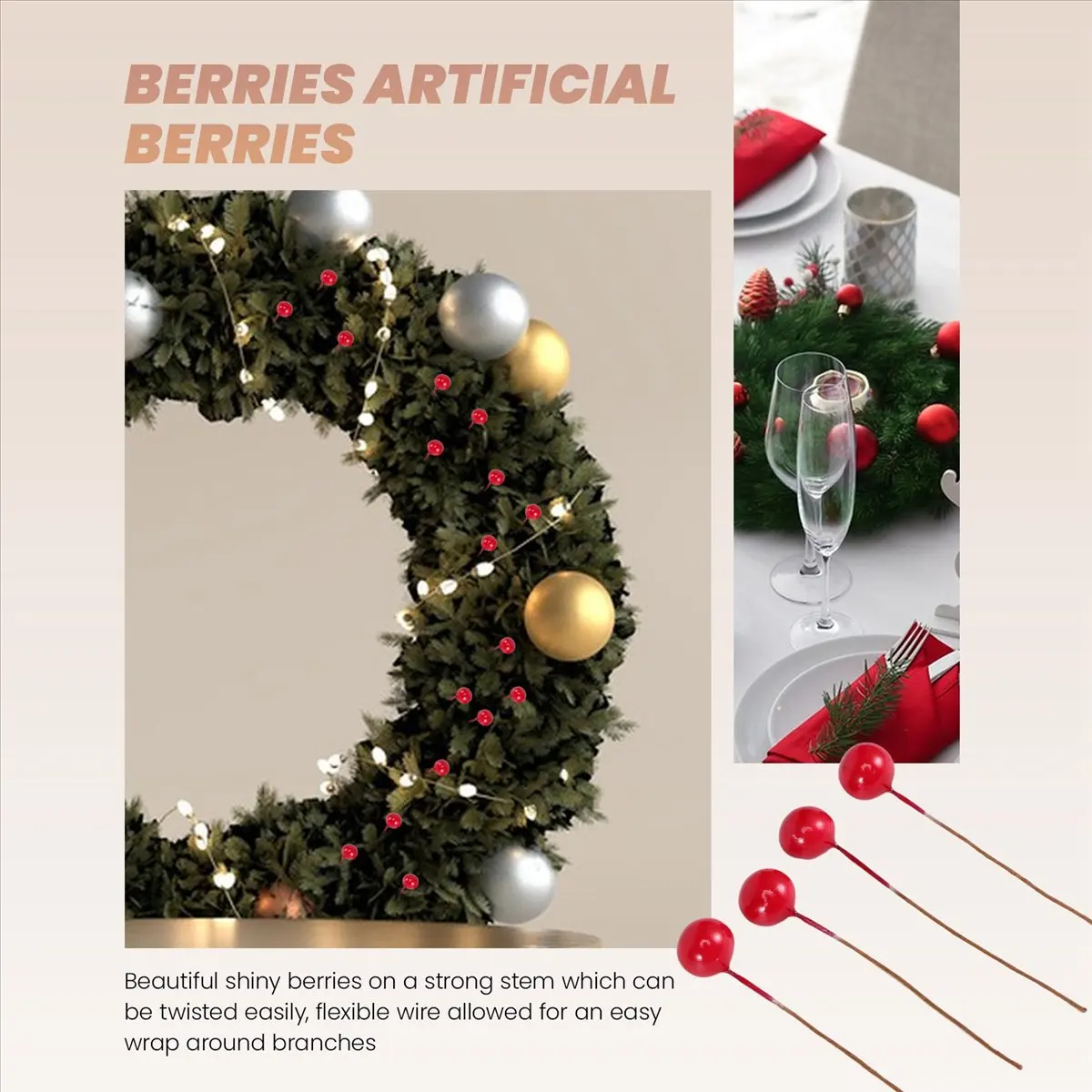 ✼200 Pcs Holly Berries Artificial Berries for Christmas Wreath Decorations Wreath Making Supplies Party Decoration