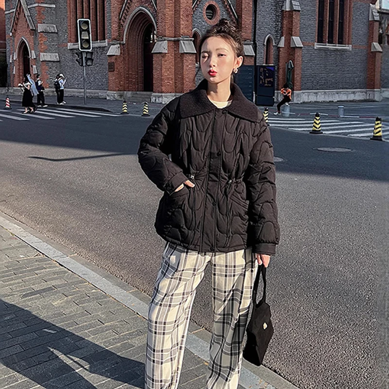Women's lapel collar winter new doll collar short style drawstring waist cotton coat small fragrant style cotton coat