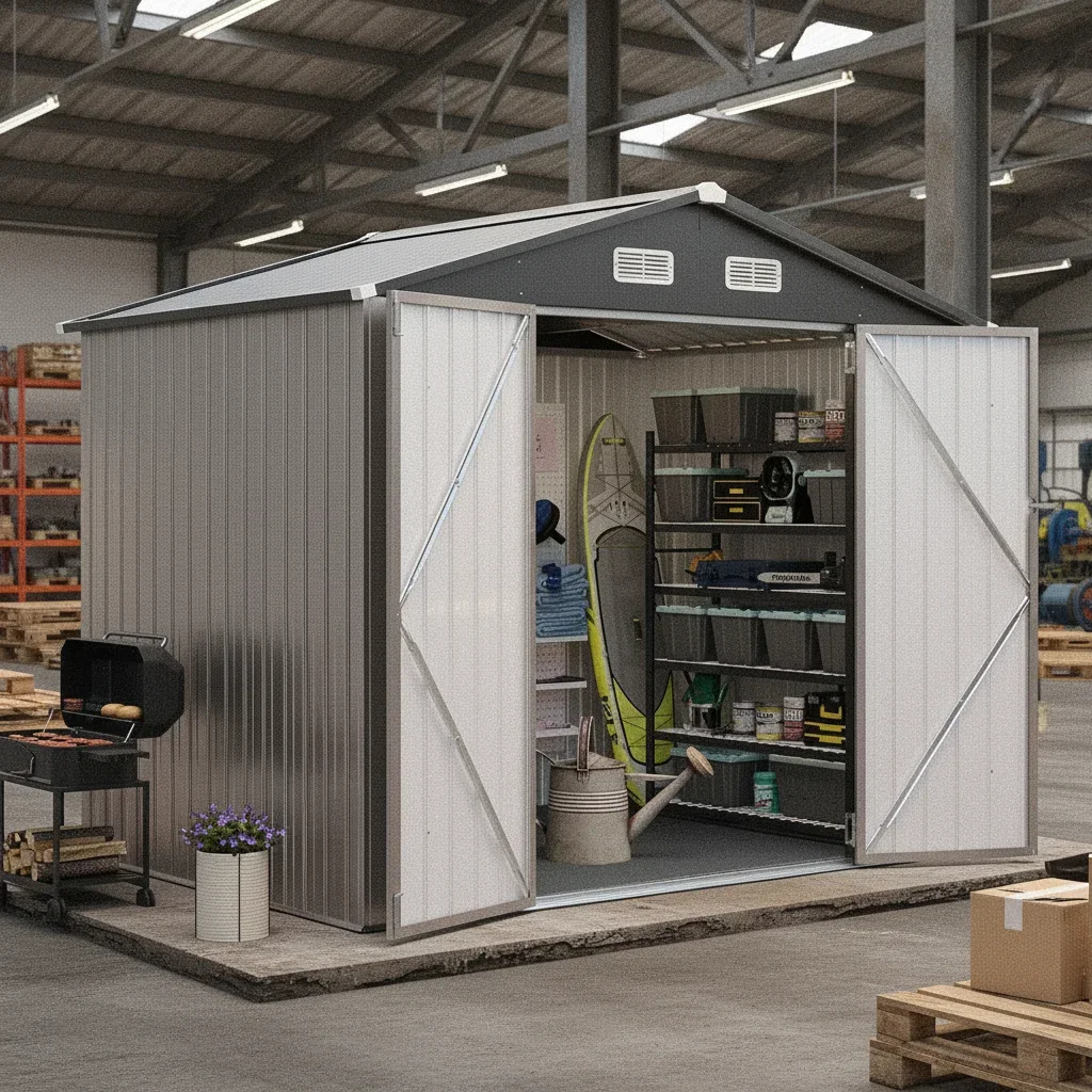 HOT 8x6FT Galvanized Steel Outdoor Storage Shed with Floor Double Doors Sloped Roof Ventilation Bike Generator Tool Storage