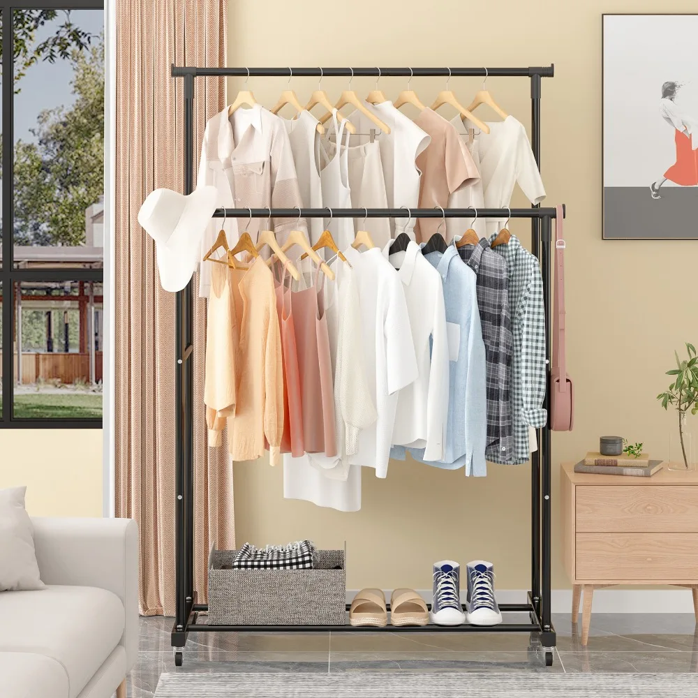 Double Rod Coat Rack Floor Standing Clothes Hanger Portable Simple Movable Clothing Shelf Bedroom Storage Racks Closet Organizer