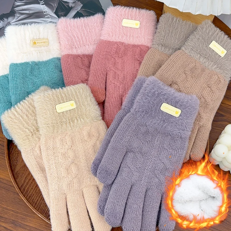 Unisex Outdoors Warm Touch Screen Cotton Thicken Winter Gloves Stretch Knit Mittens Woolen Full Finger Guantes Crochet Glove