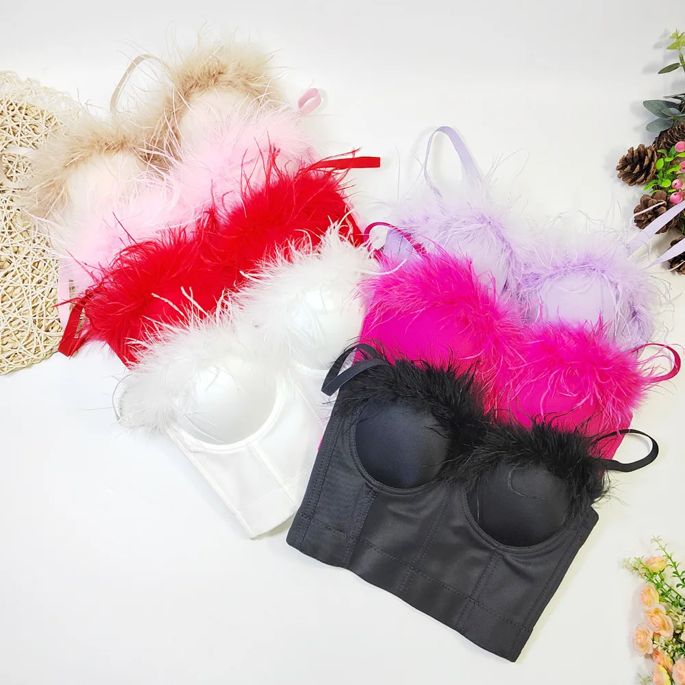 

Укороченный топ с отделкой из перьев, маленький ремешок из волокна, плотная накидка на груди, жилет через плечо, верхняя одежда, внутренняя одежда, женская одежда