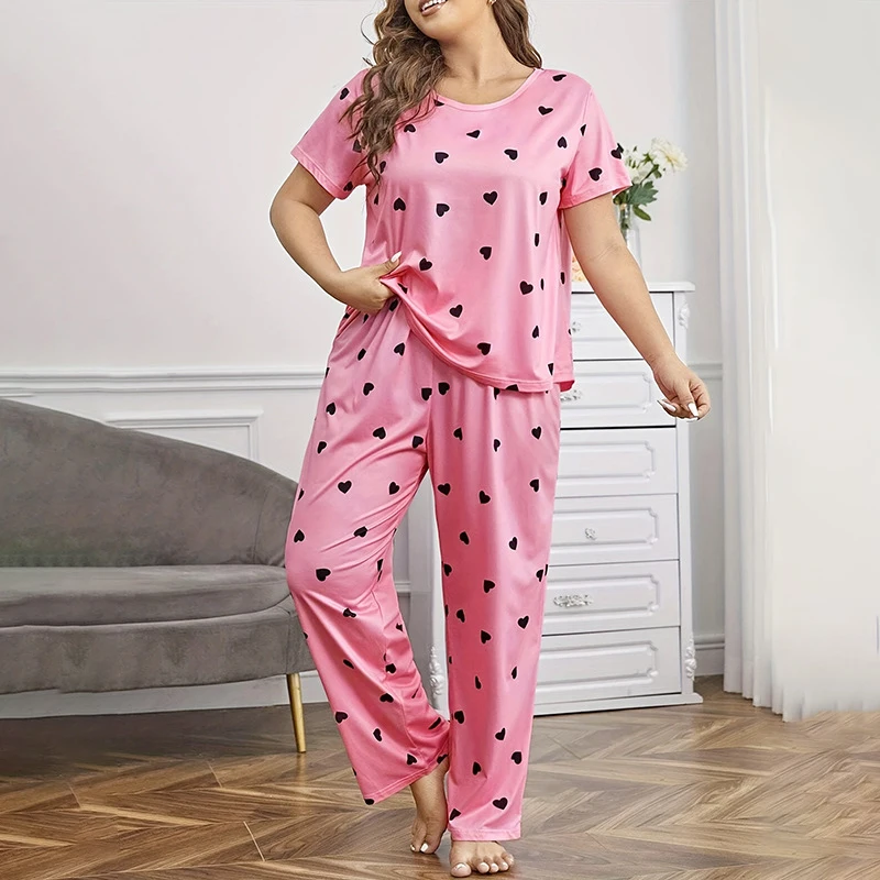 Plus Size Casual Pajama Set Women\'s Heart Print Short Sleeve Tee Tops & Pants Sleepwear 2 Piece Soft Comfortable Loungewear Suit