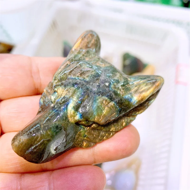 Natural Labradorite Wolf Head Carving, Fashion Home Decoration, Powerful Animal Crystal Crafts, Healing Stone Gift, 1Pc