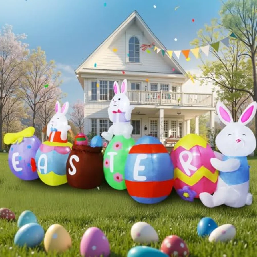 

Outdoor Easter inflatable decoration: 10FT blow-up bunny eggs, PVC material, pastel pink and white, built-in 9 LED lights for n