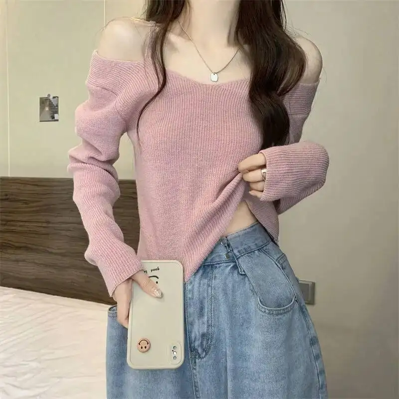 

One Shoulder Top French Green Sweater Women New Spring Long Sleeved Inner