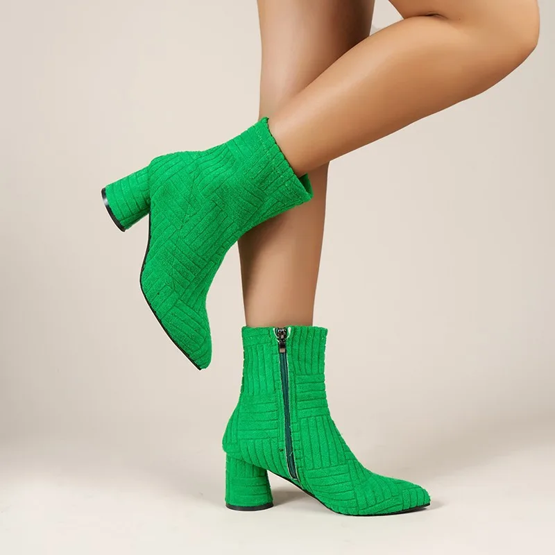 Winter Women's Boots Green Pointed Roman Boots Denim Square High Heel  Side Zipper Sexy  Boots