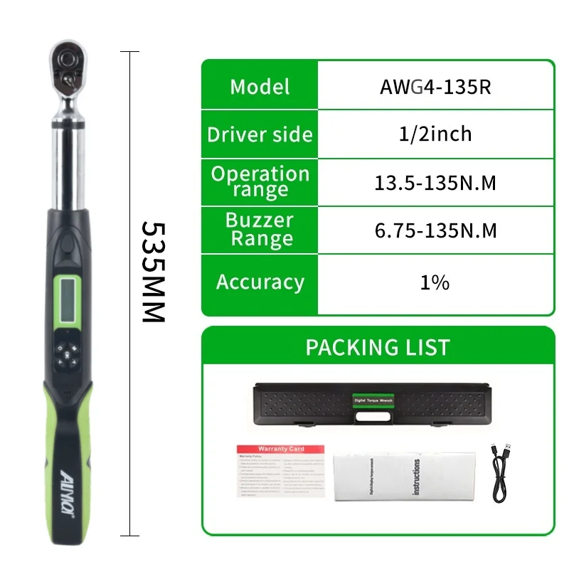 

ALIYIQI 135N.m 1/2 Digital Torque Wrench AWG4-135R Bidirectional Ratchet Head 36 Teeth Connect to Computer 2% Top Quality Tools