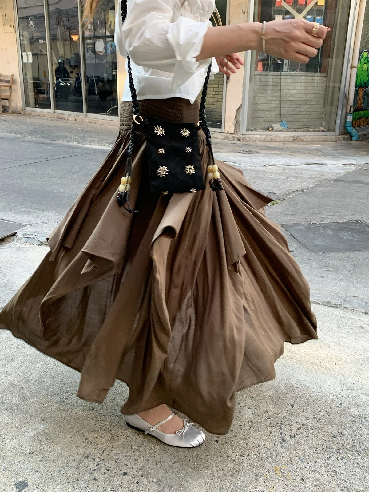 

Effect 44AaSi Midi Skirt Elastic Design Multi-Fold Draped Versatile f-length Skirt Ci Commute Casual Ocn